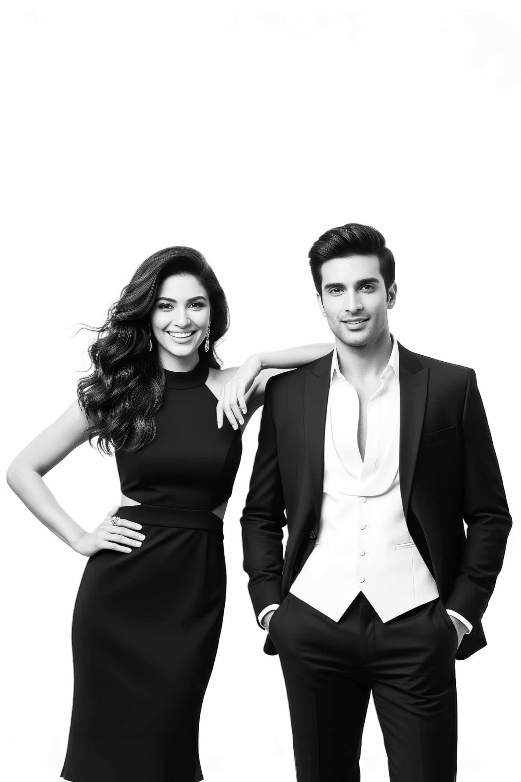 Elegant Couple Posing Formally in Stylish Black Attire at a Gala